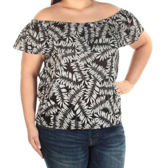 1.STATE off the shoulder ruffle leaf print blouse top black cream Size XL NEW - Picture 3 of 7